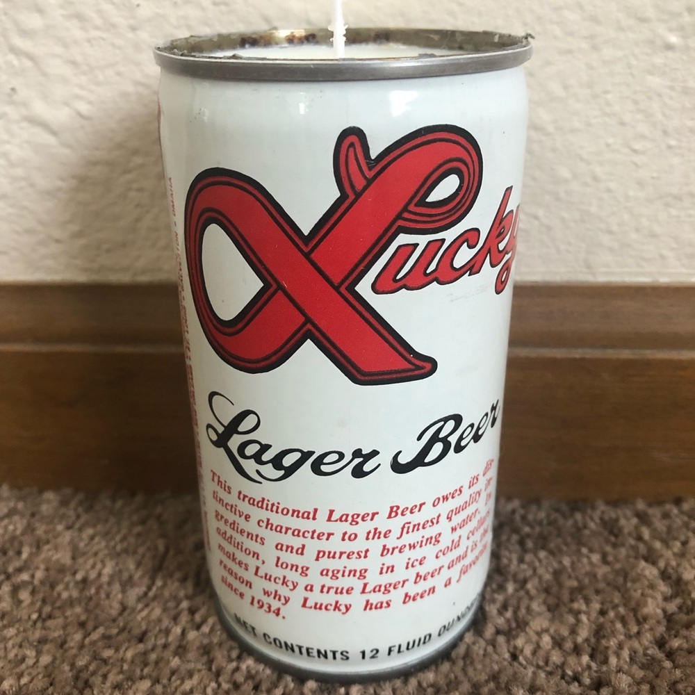 Vintage beer can candle. 12oz handmade. Soy wax with vanilla. Lucky beer.